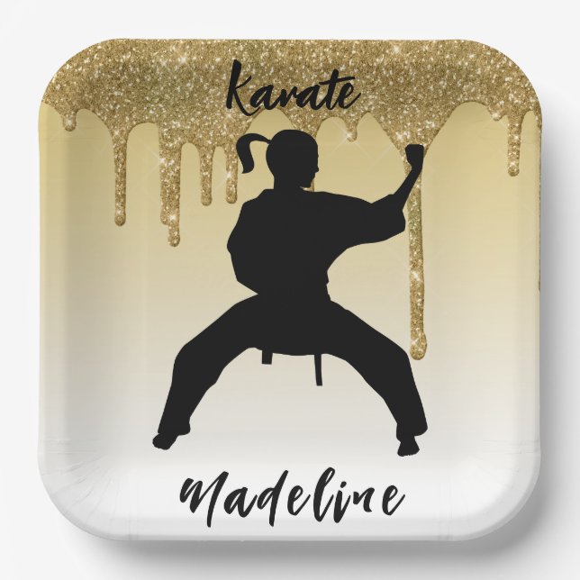 Girls Karate Stance Gold Glitter Drip Ombre    Paper Plates (Front)