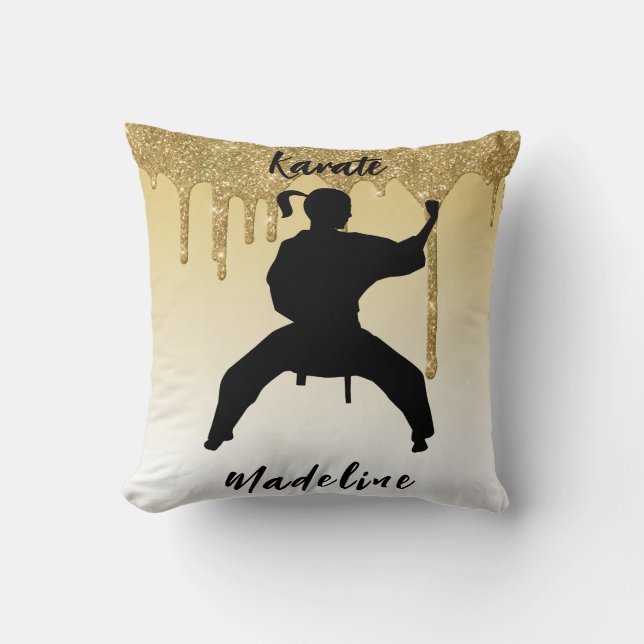 Girls Karate Stance Gold Glitter Drip Ombre   Throw Pillow (Front)