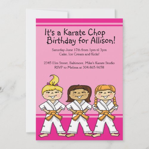 Girls Karate Themed Birthday Party Invitations