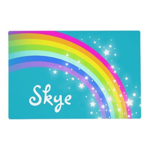 Girls kids rainbow named aqua laminated placemat