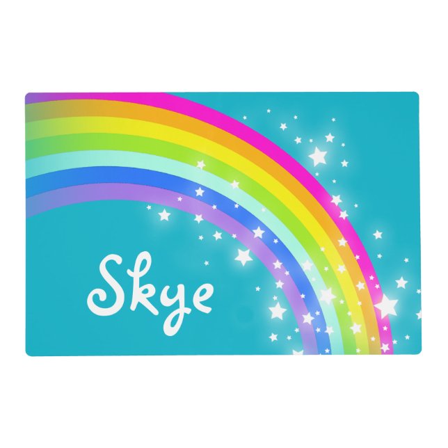 Girls kids rainbow named aqua laminated placemat (Front)
