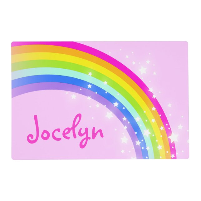 Girls kids rainbow named pink laminated placemat (Front)