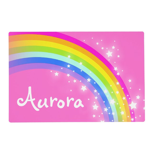 Girls kids rainbow named pink laminated placemat (Back)