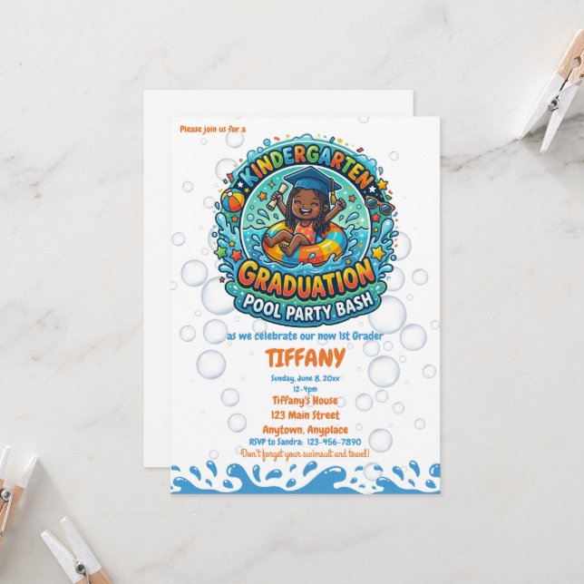 Girls Kindergarten Graduation Pool Party Invitation (Front/Back In Situ)