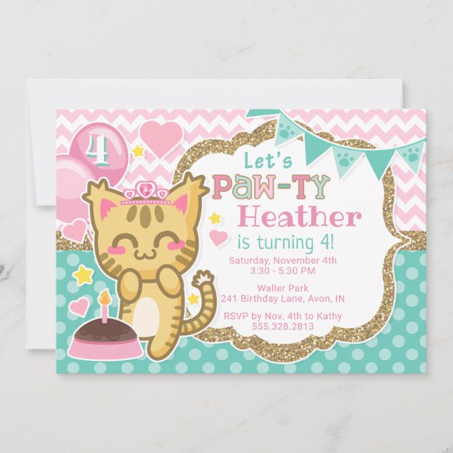 Girl's Kitty Princess Birthday Paw-ty Invitation (Front)