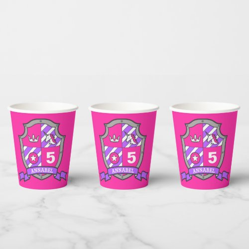 Girls knights birthday personalized pink kid party paper cups