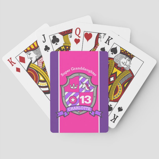 Girls knights shield unicorn custom message pink poker cards (Back)