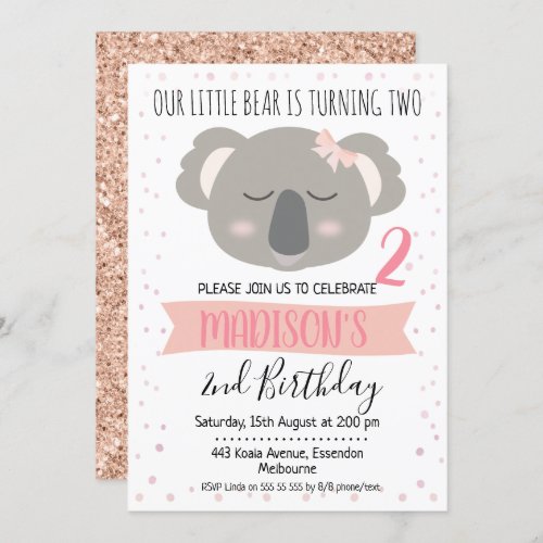 Girls Koala Bear Birthday Invitation