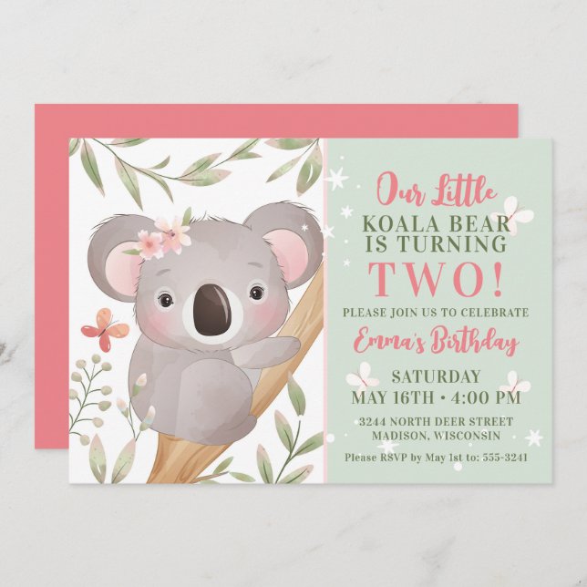 Girls Koala Birthday Party Invitation (Front/Back)