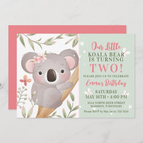 Girls Koala Birthday Party Invitation