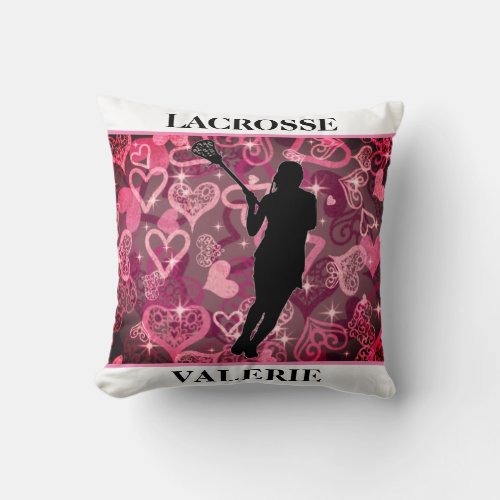 Girls Lacrosse Floating Rose Hearts   Throw Pillow