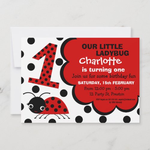 Girls Ladybug 1st Birthday Party Invitation