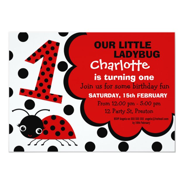 Girls Ladybug 1st Birthday Party Invitation