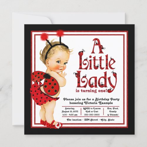 Girls Ladybug 1st Birthday Party Invitations