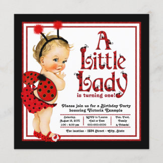 Girls Ladybug 1st Birthday Party Invitations