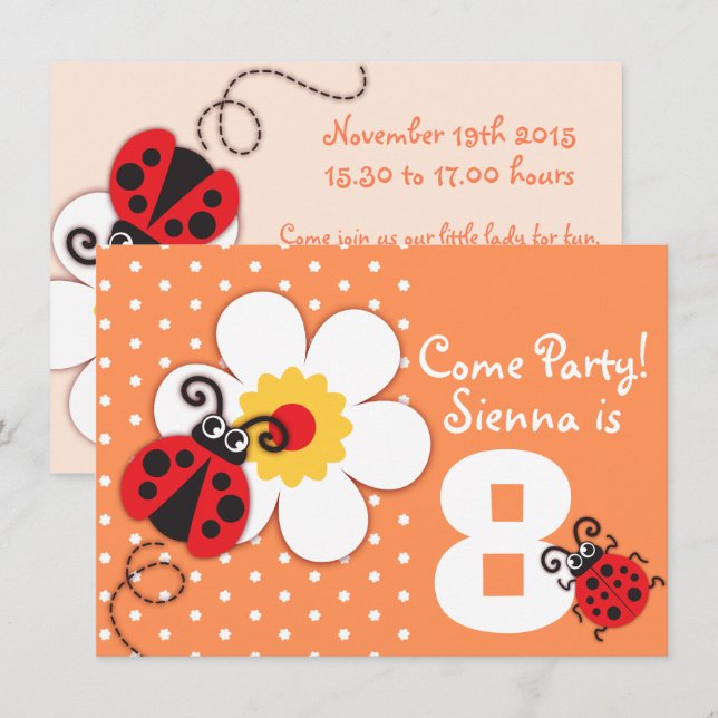 Girls ladybug party purple invitation (Front/Back)