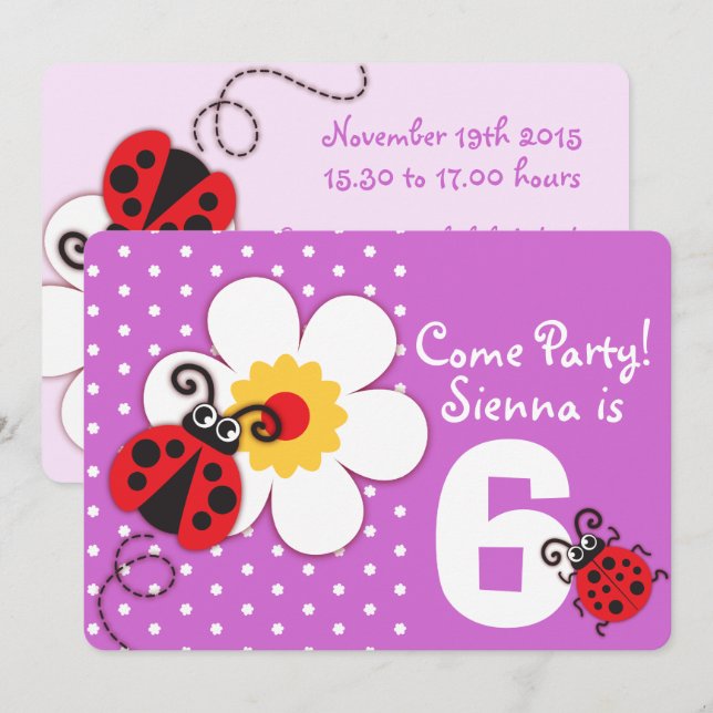 Girls ladybug party purple invitation (Front/Back)