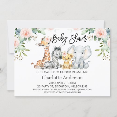 Girls Landscape Safari Animals Baby Shower Invitation