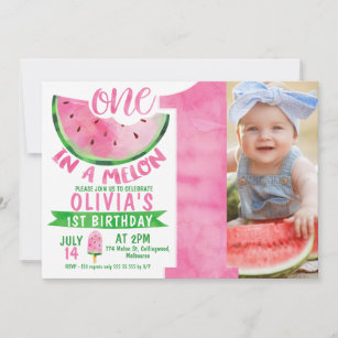 Girls Large Number In A Melon Photo 1st Birthday Invitation