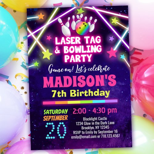 Girls Laser Tag Bowling Party Birthday Invitation