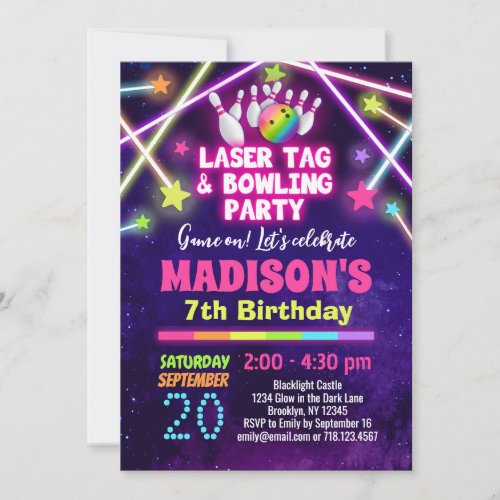 Girls Laser Tag Bowling Party Birthday Invitation