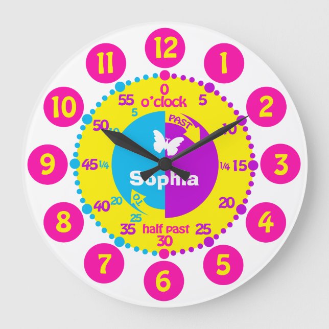 Girls learn to tell time bright personalized clock (Front)
