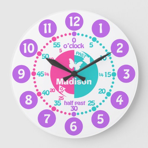 Girls learn to tell time pink aqua name clock