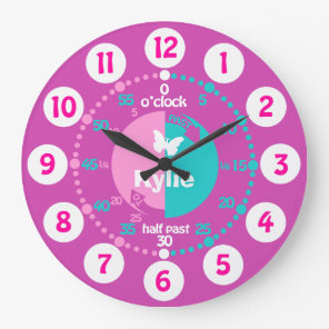 Girls learn to tell time pink aqua name clock