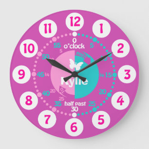 Girls learn to tell time pink aqua name clock