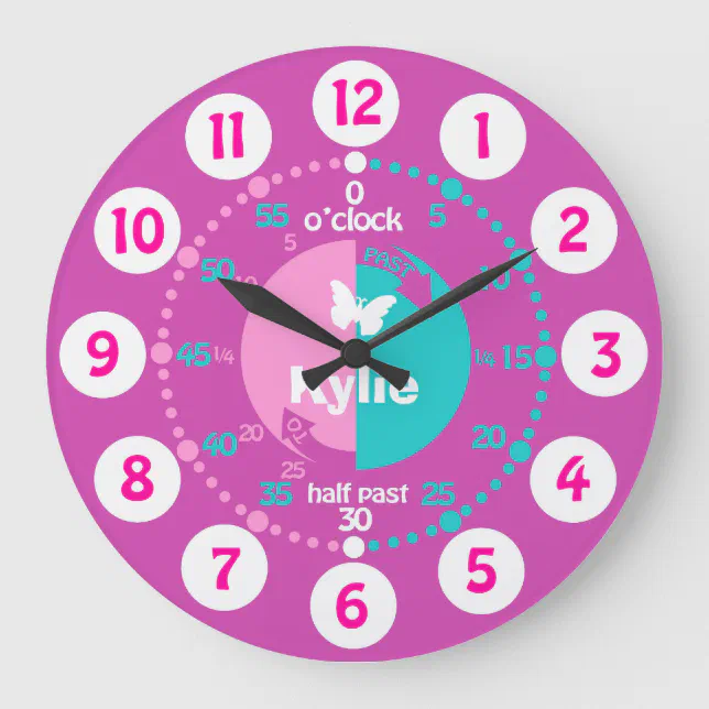 Girls learn to tell time pink aqua name clock | Zazzle
