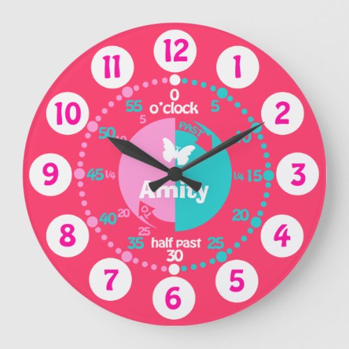 Girls learn to tell time pink aqua name clock