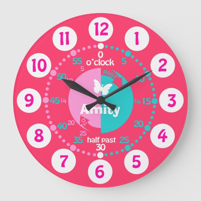 Girls learn to tell time pink aqua name clock (Front)