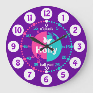Girls learn to tell time pink aqua name clock