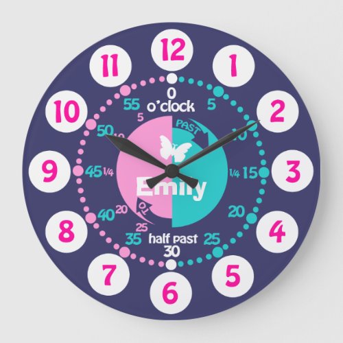 Girls learn to tell time pink blue aqua name clock