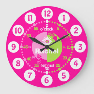 Girls learn to tell time pink green name clock