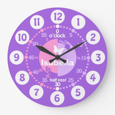 Girls learn to tell time pink purple name clock