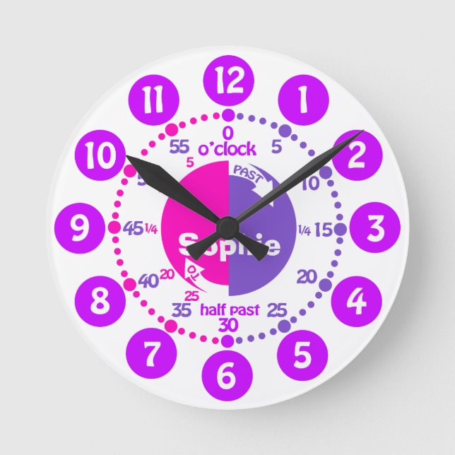 Girls learn to tell time pink purple name clock (Front)