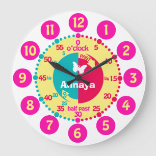 Girls learn to tell time pink red aqua name clock