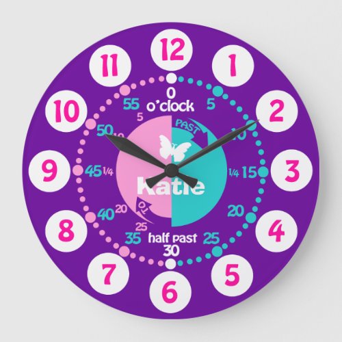 Girls learn to tell time purple name clock
