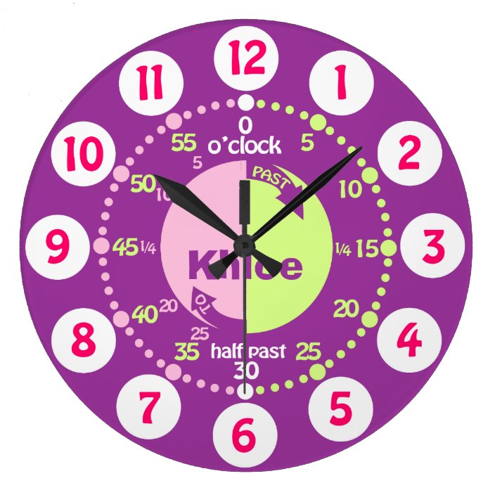 Girls learn to tell time purple pink name clock