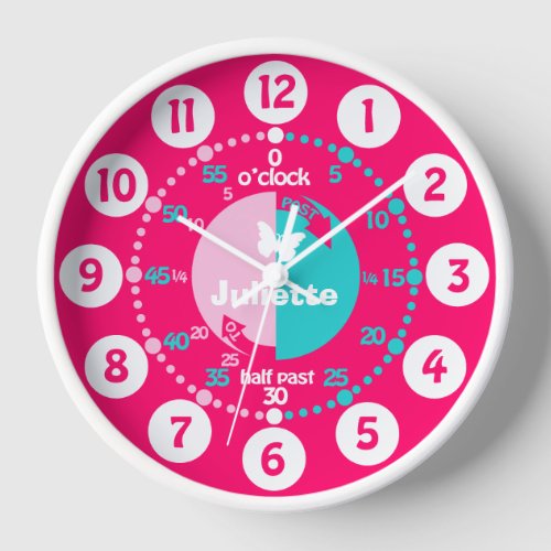 Girls learn to tell time red pink aqua name clock