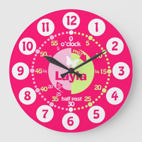 Girls learn to tell time red pink green name clock