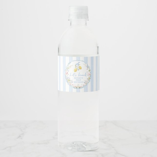 Girls Lemon Bow Blue Floral Water Bottle Label (Front)