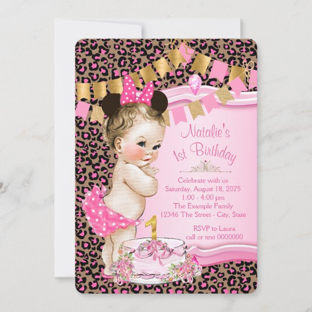 Girls Leopard 1st Birthday Invitation (Front)