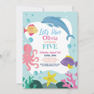 Girls Let's Dive Five 5th Ocean Pink Dolphin Sea Invitation