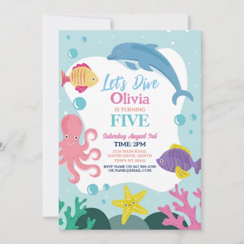 Girls Lets Dive Five 5th Ocean Pink Dolphin Sea Invitation