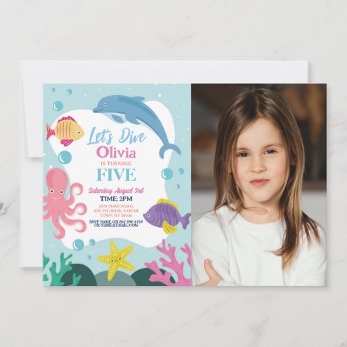 Girls Lets Dive Five 5th Pink Dolphin Sea Photo Invitation