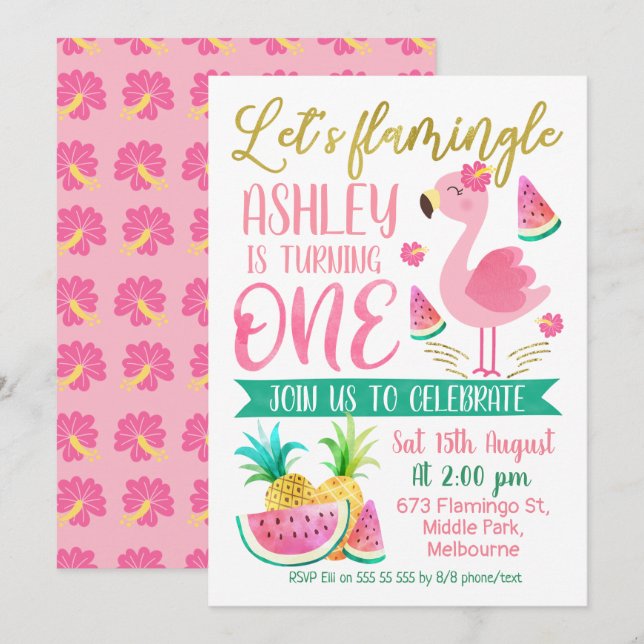 Girls let's flamingle first birthday invitation (Front/Back)