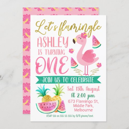 Girls lets flamingle first birthday invitation