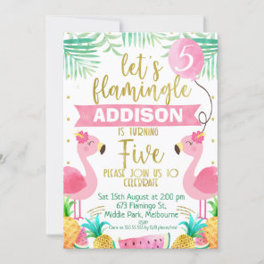 Girls let's flamingle flamingo 5th birthday invitation